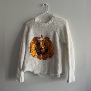 Poof Halloween Sequin Pumpkin Fuzzy Sweater - White - Size Medium